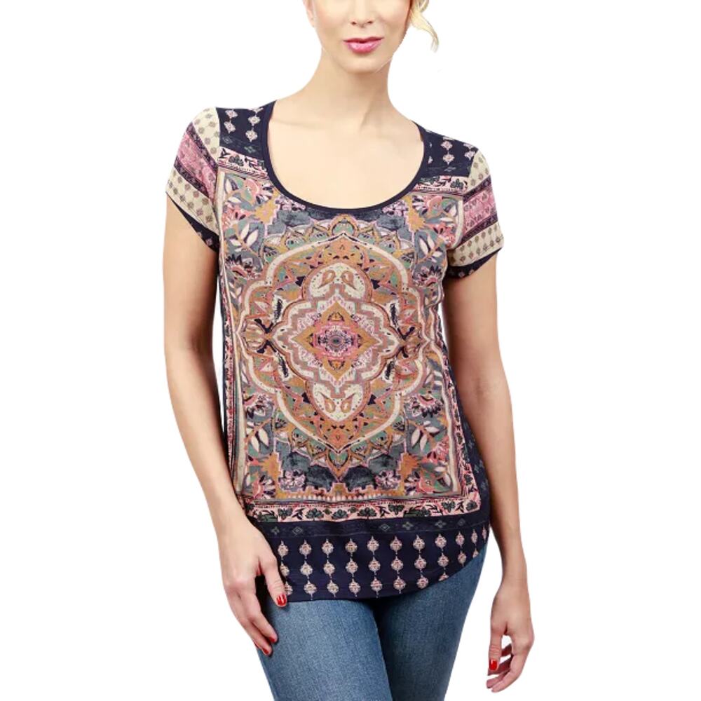NWOT LUCKY BRAND Top 3X Floral Coral Navy Short Sleeve Stretch Cotton